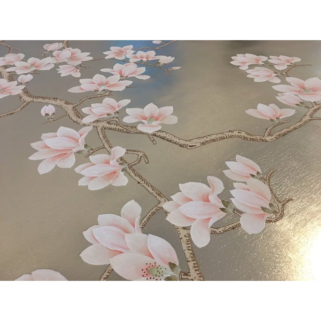 Chinoiserie Hand‑Painted Champagne Gold Leaf Chinoiserie Mural, Pink Magnolia Blossom Wall Panel For Sale - Image 3 of 9