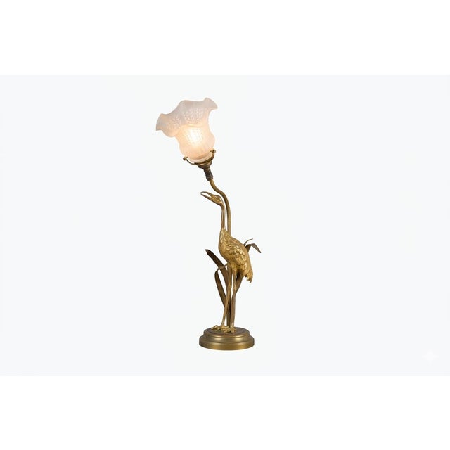 Art Deco Gilt Brass Sculpted Crane Table Lamp with Frosted Glass Shade, Europe, 1930s For Sale - Image 9 of 9