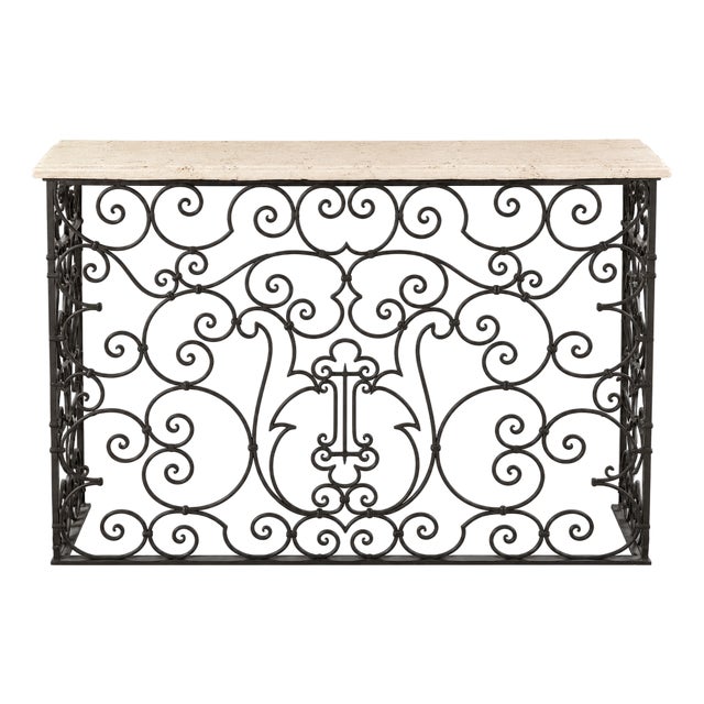 Decorative Unique Iron Console With Travertine Top For Sale