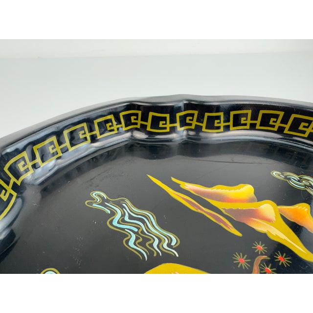 1960s Vintage English Baret Ware “Mandarin Garden” Tole Serving Tray, Black Lacquer For Sale - Image 5 of 9