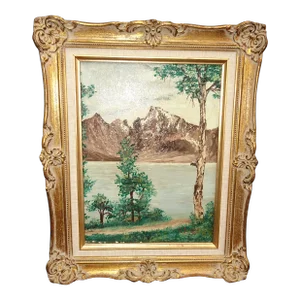 1970s Lake and Forest Landscape Oil Painting Signed R. Basilin, Framed