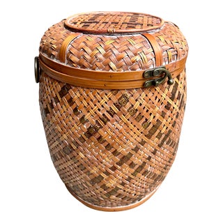 1970s Mid-Century Woven Rattan Lidded Storage Basket For Sale