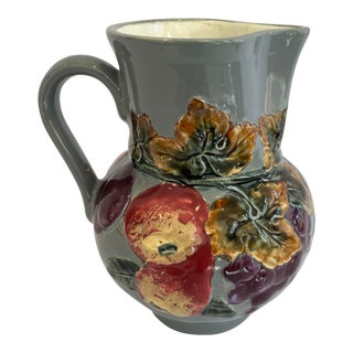 Mid 20th Century Czechoslovakia Hand-Painted Raised Relief Fruit Ceramic Pitcher For Sale