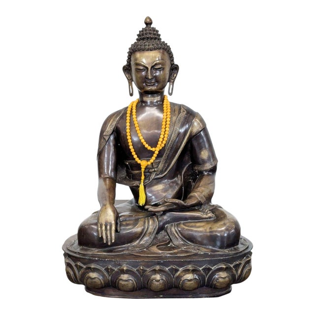 Vintage Bronze Sitting Buddha Sculpture With Yellow Bead Necklace For Sale
