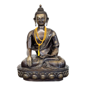 Vintage Bronze Sitting Buddha Sculpture With Yellow Bead Necklace