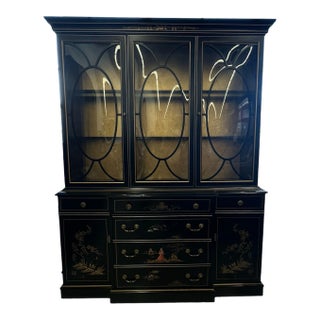 Mid 20th Century Vintage Black Lacquered Chinoiserie Bubble Glass Display Cabinet by Jasper Cabinet Company For Sale