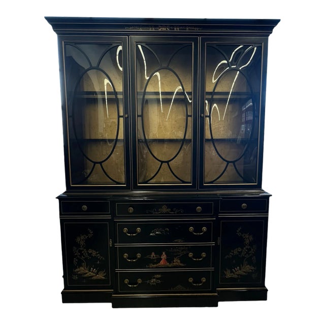 Mid 20th Century Vintage Black Lacquered Chinoiserie Bubble Glass Display Cabinet by Jasper Cabinet Company For Sale