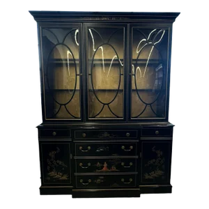 Mid 20th Century Vintage Black Lacquered Chinoiserie Bubble Glass Display Cabinet by Jasper Cabinet Company