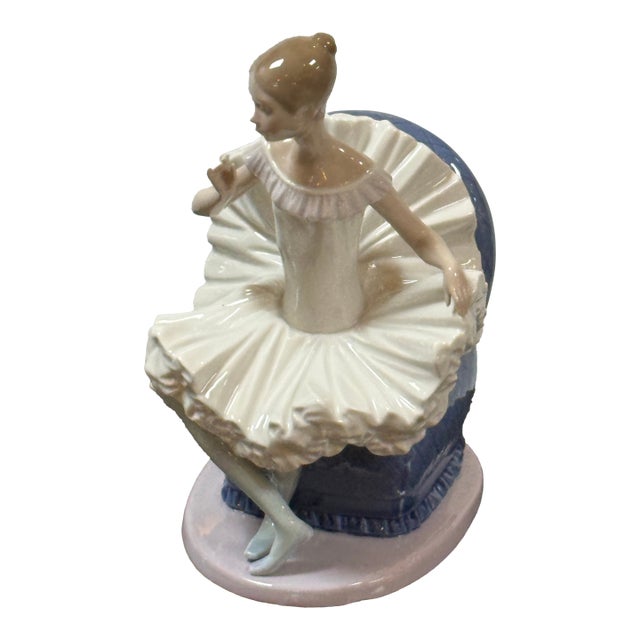 Lladró Sitting Ballerina in Plush Blue Chair From the Tribute to the Ballerina Collection Porcelain Figurine, Signed For Sale