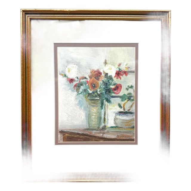 Vintage Floral Still Life Oil Pastel by Emma Mackenzie: Scottish Art, Framed 13x15" For Sale