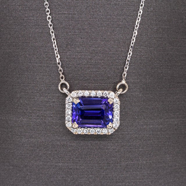 Contemporary 1ct Aaa Tanzanite Necklace W Natural Diamond Halo in 14k White Gold | Em 7x5mm For Sale - Image 3 of 8