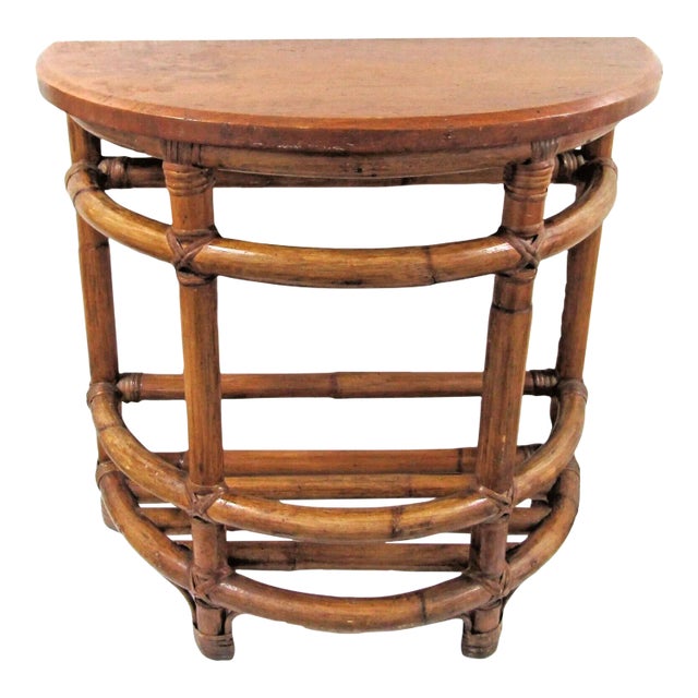 1940's Half Round Demilune Bamboo Side Table With Ladder Sides and Mahogany Top For Sale