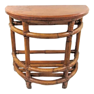 1940's Half Round Demilune Bamboo Side Table With Ladder Sides and Mahogany Top