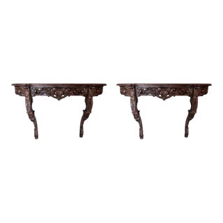 Pair French Polychrome Decorated Carved Console Tables For Sale