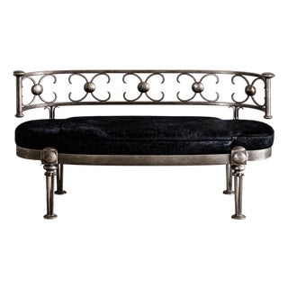 Dramatically Elegant... Early 20th C. French Hand-Forged Iron & Black Cowhide Scroll Arm Settee For Sale