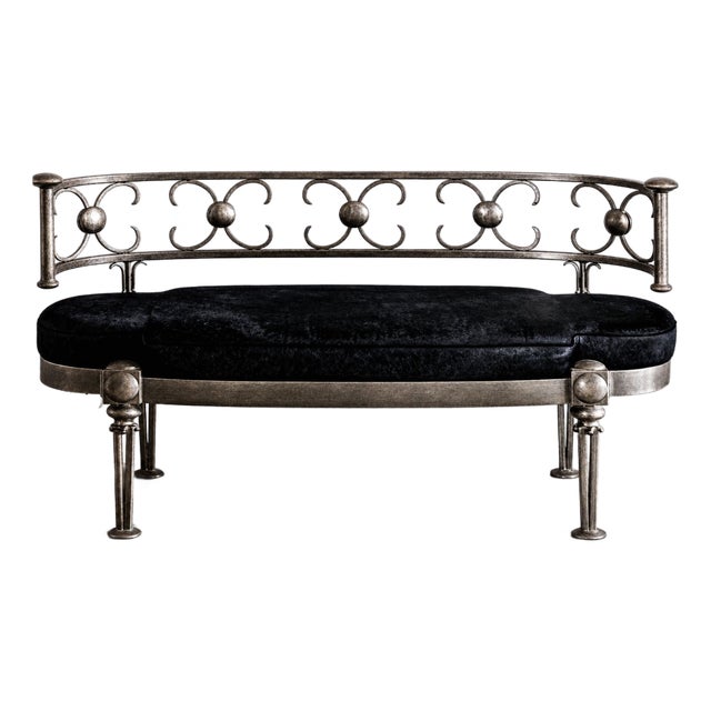 Dramatically Elegant... Early 20th C. French Hand-Forged Iron & Black Cowhide Scroll Arm Settee For Sale