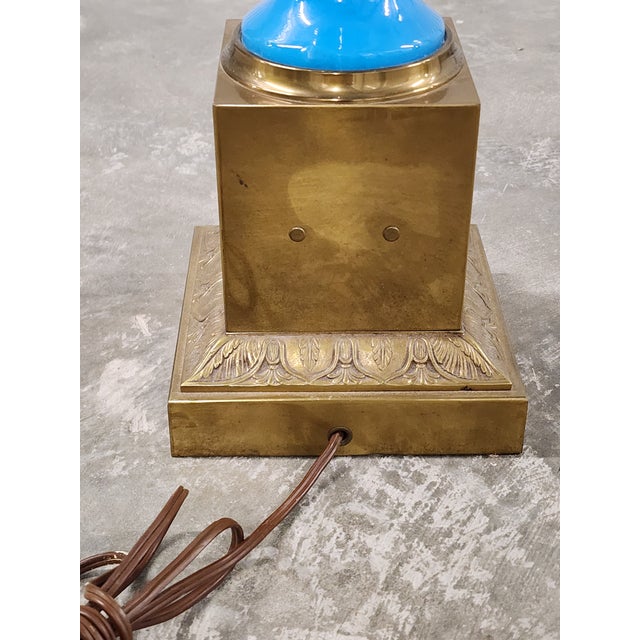 Antique French Blue Opaline Glass & Bronze Candelabra Table Lamp For Sale - Image 11 of 16