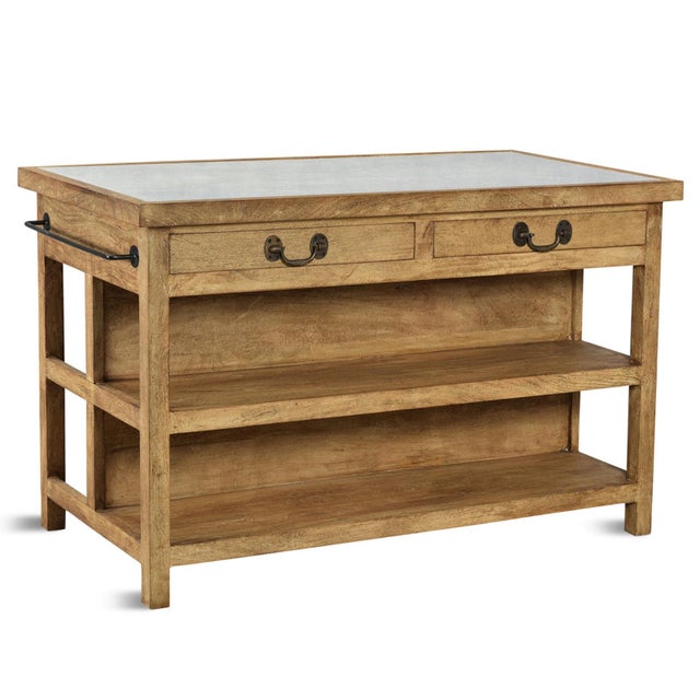Beautiful mango wood kitchen island with marble inset top. Attractive lime finished wood with two useful storage shelves...
