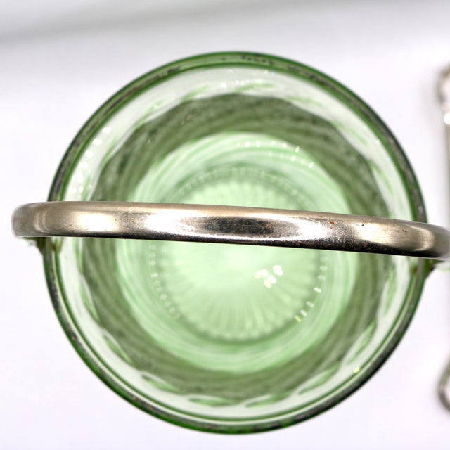 1930s Art Deco Green Uranium Glass Ice Bucket With Silver Overlay & Chrome Tongs - 2 Piece Set For Sale In Cincinnati - Image 6 of 14