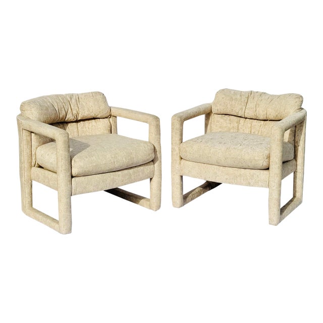 Pair of Vintage Drexel Milo Baughman Upholstered Parsons Style Lounge Chairs – Original Fabric, Mid-Century Modern For Sale