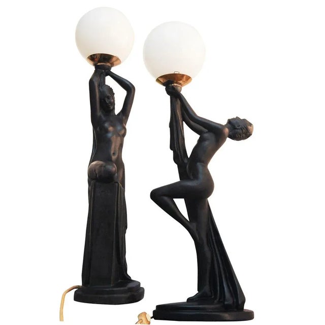 Art Deco Ebonized Plaster Nude Feminine Form Table Lamps, 1930s, Set of 2 For Sale - Image 6 of 12