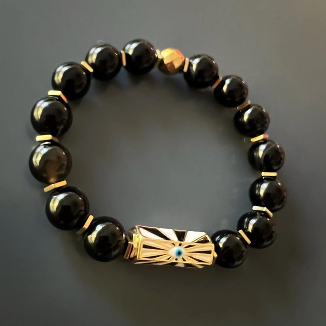 Early 21st Century Black Onyx Stone Beaded Evil Eye Charm Bracelet For Sale - Image 5 of 8
