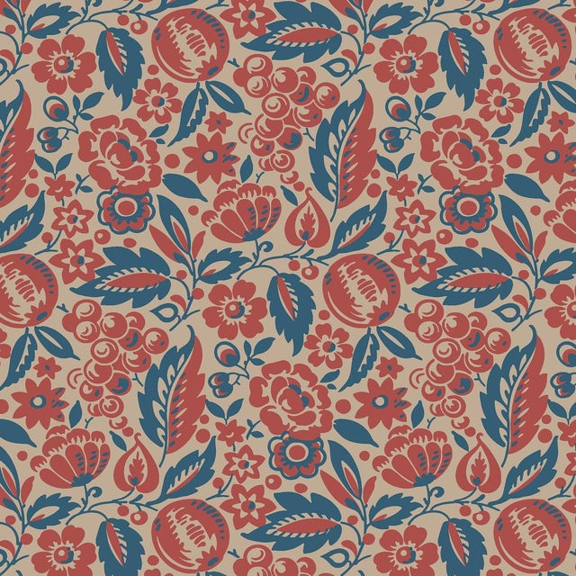 SAMPLE - Boråstapeter Elise Wallpaper In Red And Blue For Sale