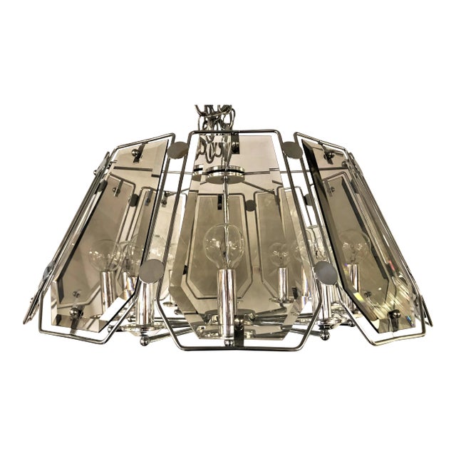 Mid 20th Century Smoked Glass and Chrome Chandelier in the Style of Fredrick Raymond For Sale