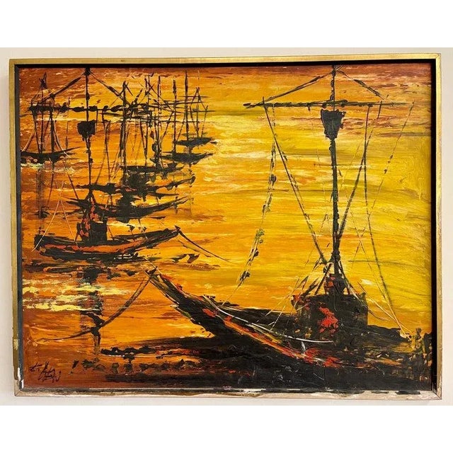 Mid-Century Modern 1940s Nautical Oil Painting of Fishing Boats, Framed For Sale - Image 3 of 13
