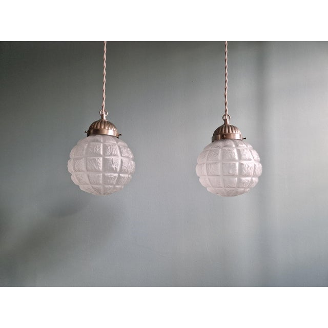 Art Deco Pendant Lights in Pressed Molded Frosted Glass, 1930s, Set of 2 For Sale - Image 16 of 16