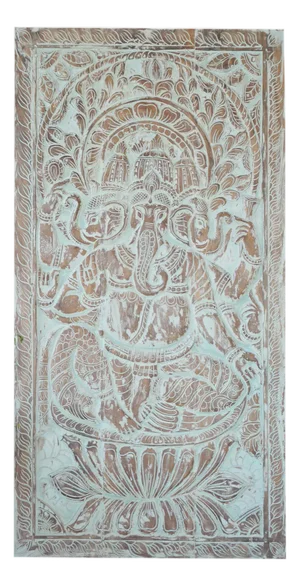 Vintage Trimukhi Ganesha Carved Wall Panel – Bluewash Wooden Wall Sculpture 72x36