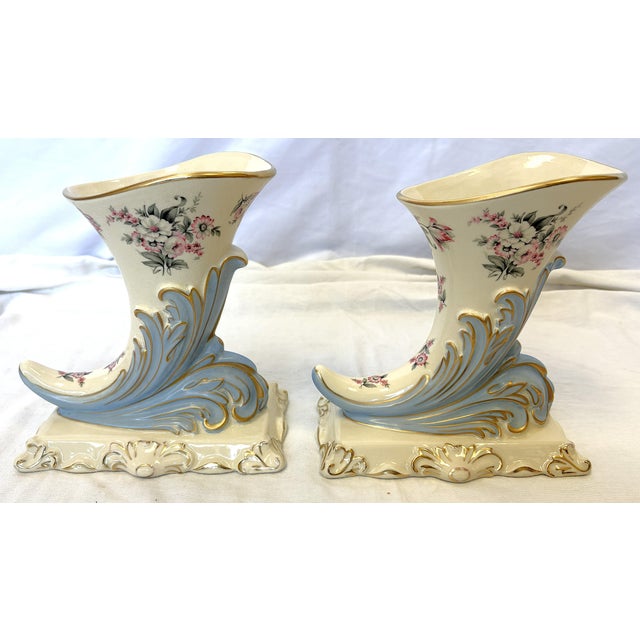 Ceramic Mid 20th Century Porcelain Cornucopia Vases With French Belle Epoque Design- A Pair For Sale - Image 7 of 17