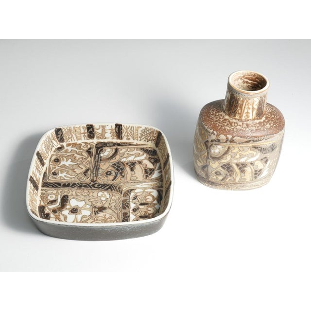 A stunning set of scandinavian modern plate and vase by nils thorsson for aluminia, royal copenhagen, denmark. Thorsson’s...