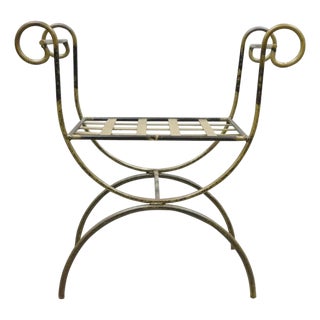 Vintage Neoclassical Style Wrought Iron Curule Savonarola X-Form Bench Chair For Sale
