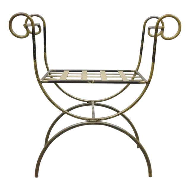 Vintage Neoclassical Style Wrought Iron Curule Savonarola X-Form Bench Chair For Sale