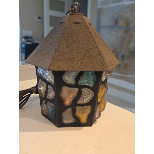 1950s 1950s English Arts & Crafts Glass, Lead & Hammered Sheet Metal Porch Lantern by Peter Marsh For Sale - Image 5 of 5