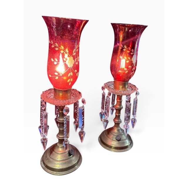 Red Vintage Hollywood Regency Red Glass & Crystal Prism Boudoir Lamps, Pair For Sale - Image 8 of 8