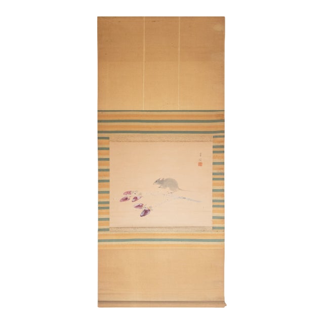"Mouse and Fruits", Meiji Era Japanese Watercolor Painting For Sale