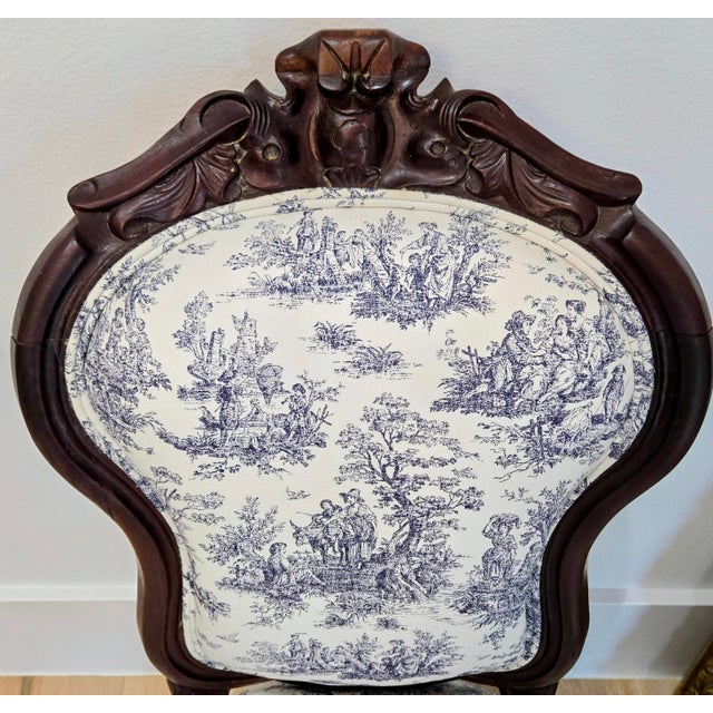 Vintage French Country Carved Walnut Toile De Jouy Upholstered Accent Chair For Sale - Image 4 of 12