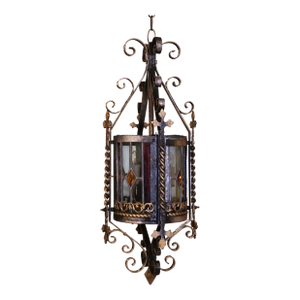 19th Century French Napoleon III Round Iron Lantern With Stained Glass Panels