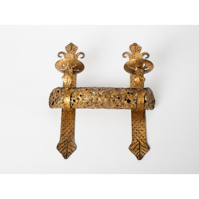 1960s Mid-Century Modern Spanish Brutalist Gilt Iron Wall Sconce, Pierced Torch Candle Light For Sale - Image 4 of 8