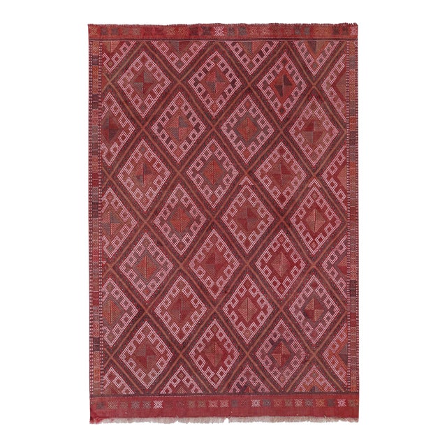 Turkish Jajim Kilim Rug - Wool Rug With Geometric Motif 5'1'' X 8'1'' For Sale