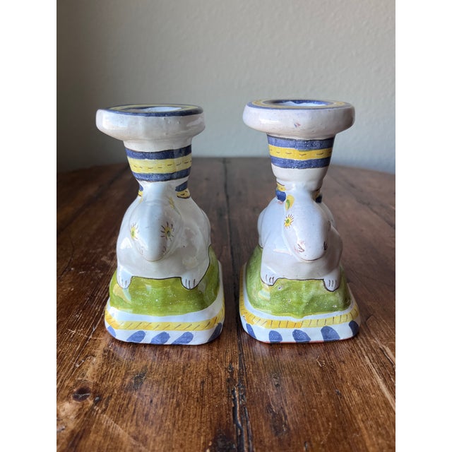 Shabby Chic Pair of Hand Painted Bunny Rabbit Terracotta Candlestick Holders, Made in Portugal For Sale - Image 3 of 11