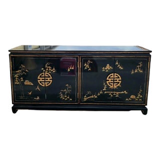Vintage Chinoiserie Black Gold Lacquer Pagoda Scenic Storage 4 Drawer Credenza Sideboard For Sale