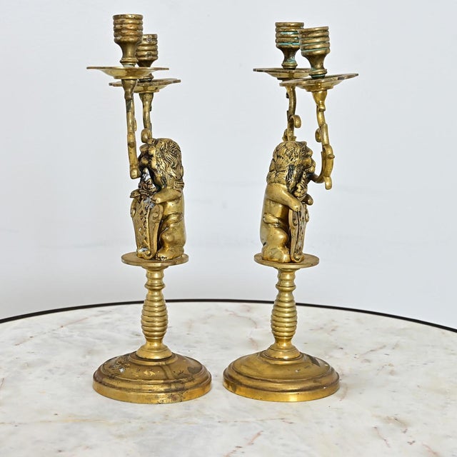 Brass 19th Century Pair of Brass Lion Candlesticks from Amsterdam For Sale - Image 8 of 8