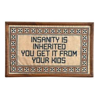 Vintage Cross Stitch Textile Art, Framed For Sale