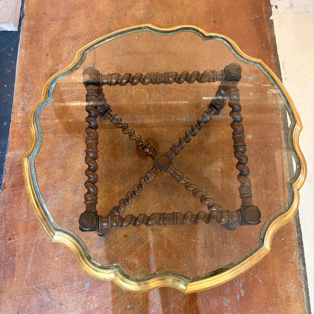 Baker Attributed Regency-Style Coffee Table Features a Distinctive Scalloped Brass Tray Top and a Barley Twist Oak Base For Sale In Los Angeles - Image 6 of 12