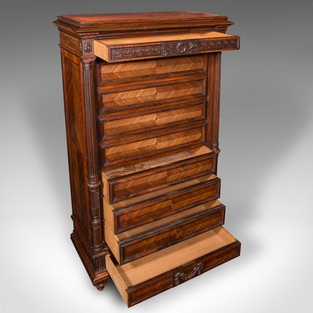 Victorian Antique Tallboy Correspondence Desk, French, Kingwood, Escritoire, Victorian For Sale - Image 3 of 12
