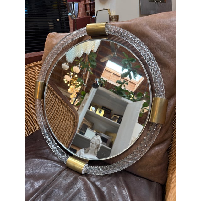 Round Murano Glass and Brass Wall Mirror 1970s For Sale - Image 4 of 6