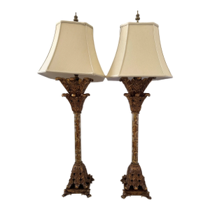 John Richard Baroque Figural Leaf Frond Bronzed Lamps W/Claw Feet & Glass Stem